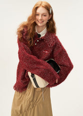 Tassel mixed thread polo button long sleeved sweater